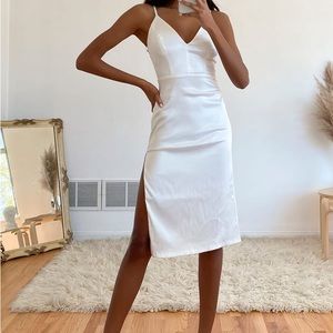 Lulus NEW Stunning Sight White Embroidered Lace Satin Midi Dress